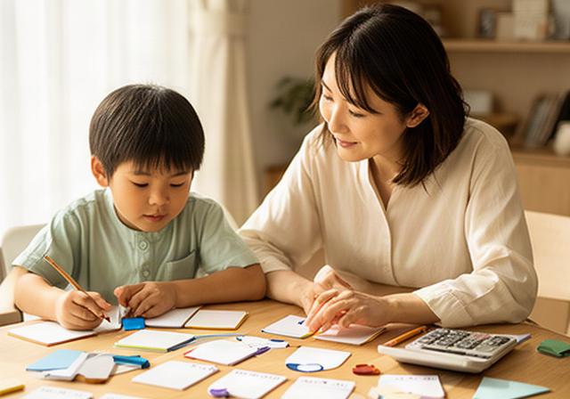 つくば市の家庭で母親と子どもが習い事予定と教育資金のロードマップを確認する場面
