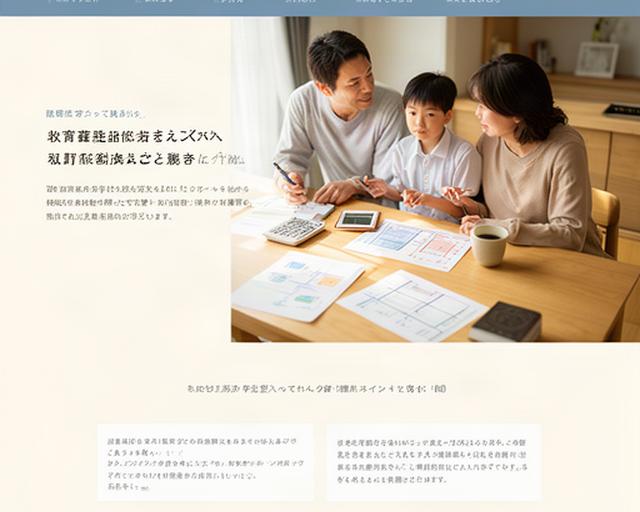 家族が自宅のテーブルで進路資料と家計表を見ながら教育費を話し合う様子