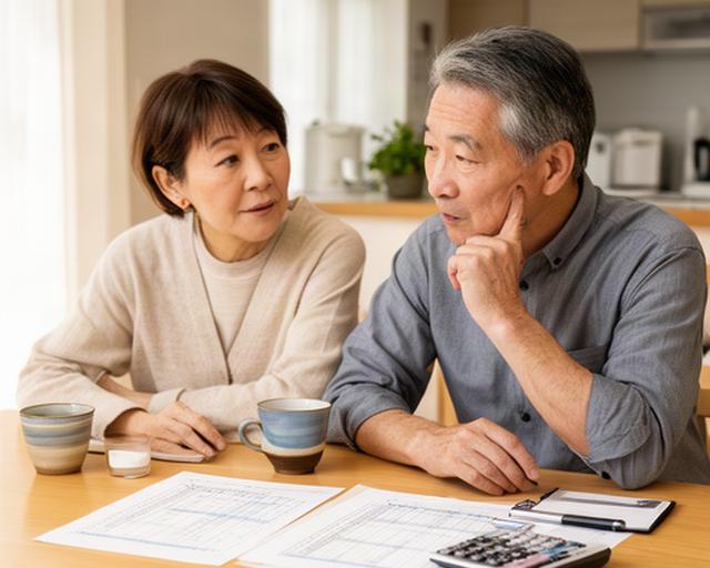 つくばの自宅のダイニングで老後の家計表を見ながら話す中高年夫婦