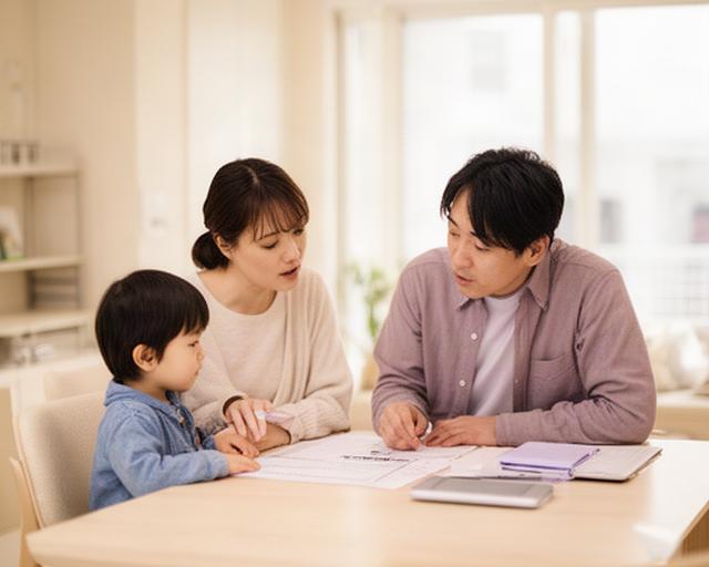 つくば市の明るいダイニングで家計表を確認する共働きの子育て夫婦と幼い子ども